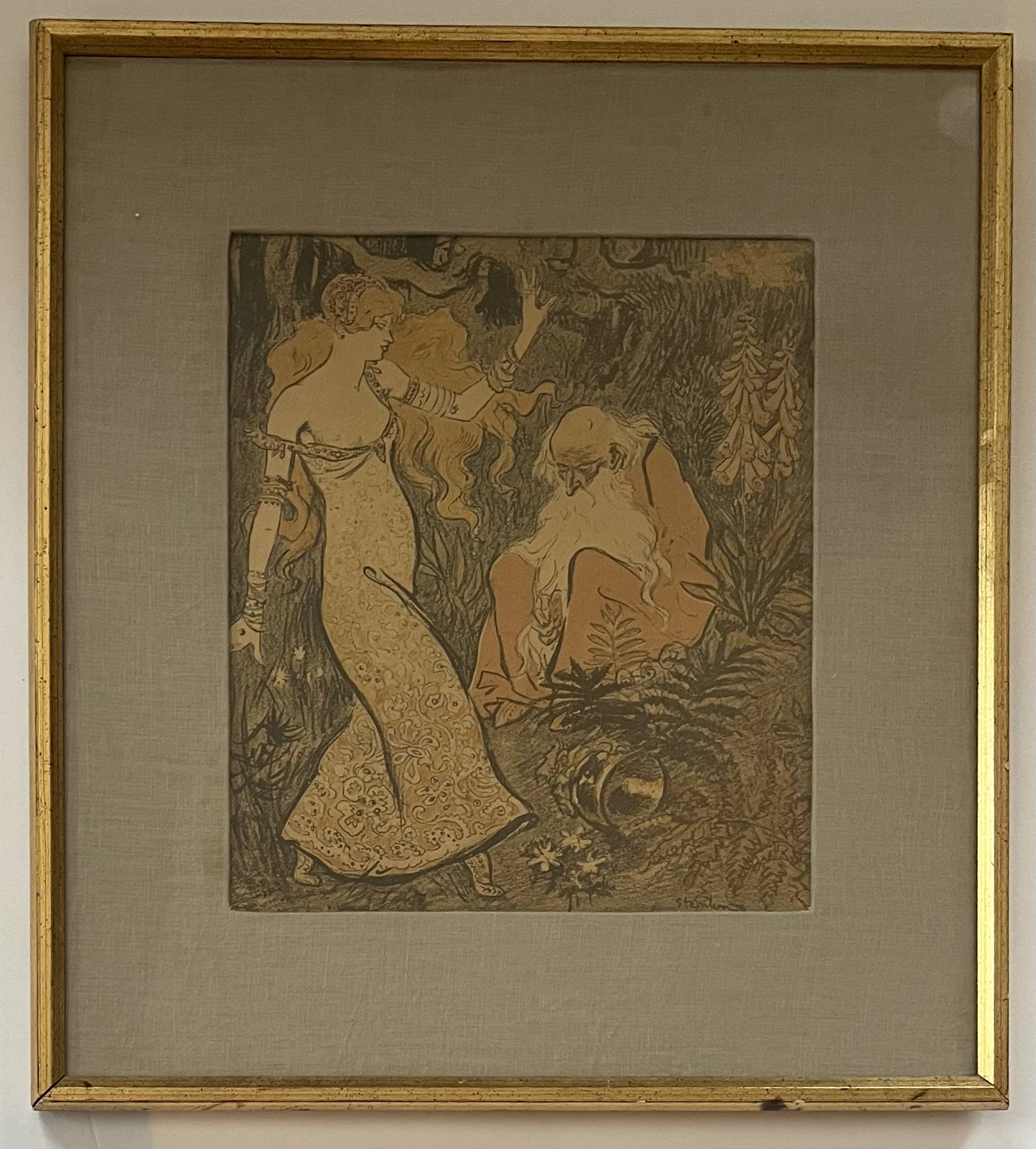 L’Enchanteur Merlin et la fée Vivien dans la foret de Broceliande